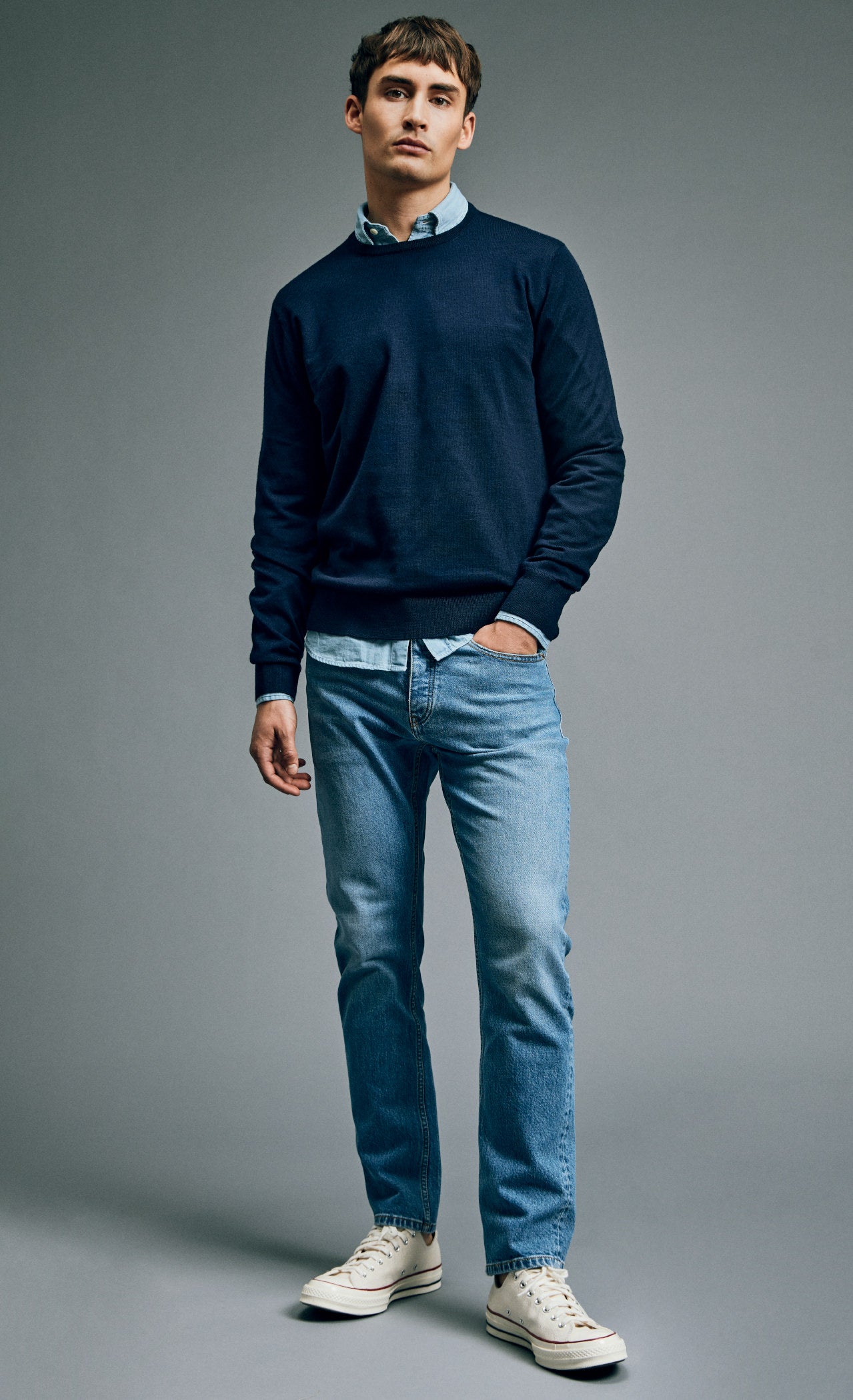 KING Essentials | With Navy Blue Crewneck knitwear and Light Jeans
