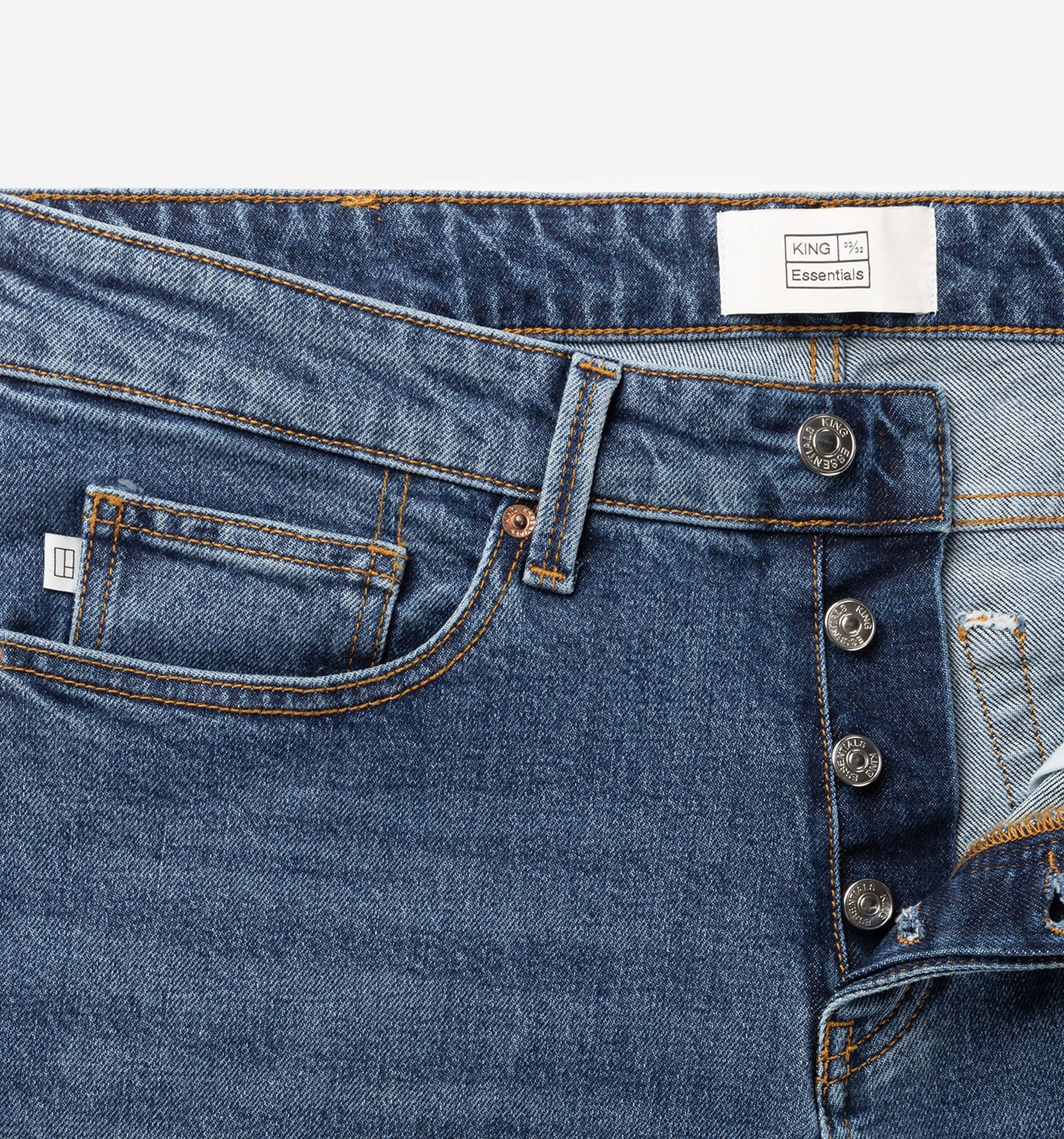 The Jason - Cotton-Stretch Mid Blue Jeans | Blue | King Essentials | Details